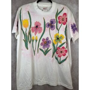 NWT VTG 90s Wetpaint Hand Painted Floral T Shirt One Size Fits All White Jeweled